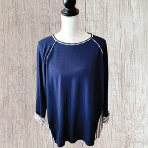 Ruby Rd. Navy Casual Blue Long Sleeve Casual Top with‎ Gray Stripes Size Medium